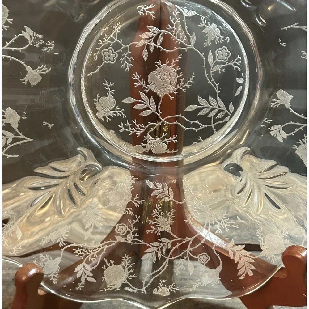 Fostoria Chintz Baroque Glass Floral Clear Dessert Plate Platter Vtg Decor MCM